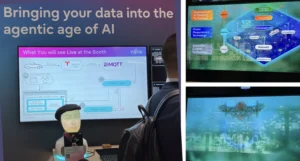 Fujitsu stand on AI assisted digital twin for sustainability at MWC 2025